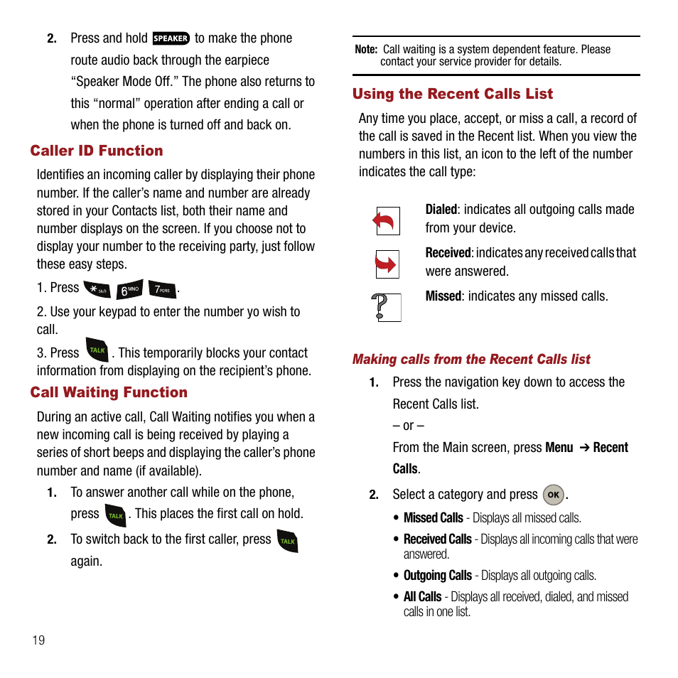 Caller id function, Call waiting function, Using the recent calls list | Making calls from the recent calls list | Samsung SPH-M310ZKAVMU User Manual | Page 22 / 94