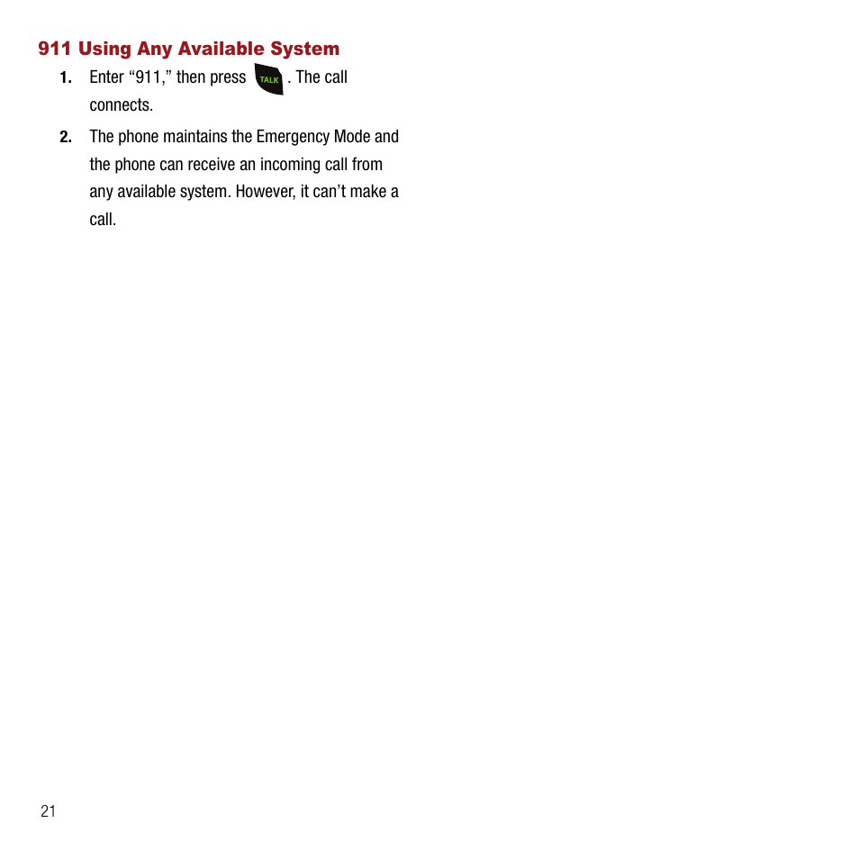 911 using any available system | Samsung SPH-M310ZKAVMU User Manual | Page 24 / 94