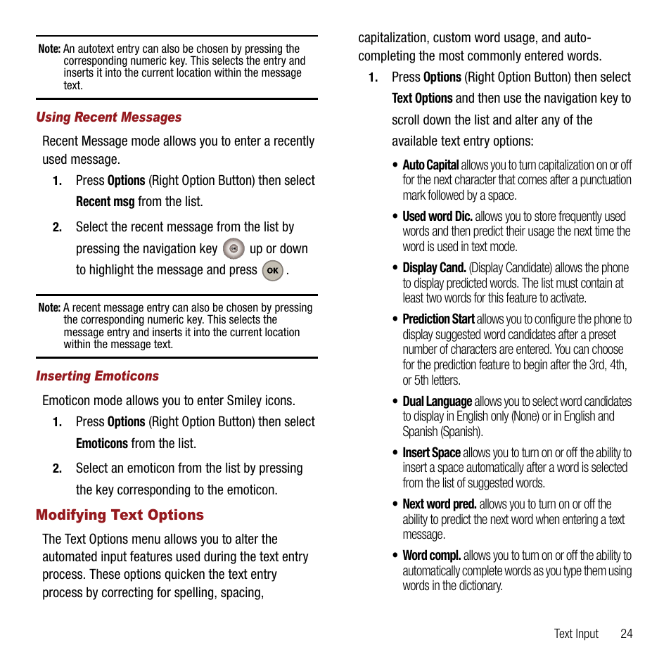 Using recent messages, Inserting emoticons, Modifying text options | Samsung SPH-M310ZKAVMU User Manual | Page 27 / 94