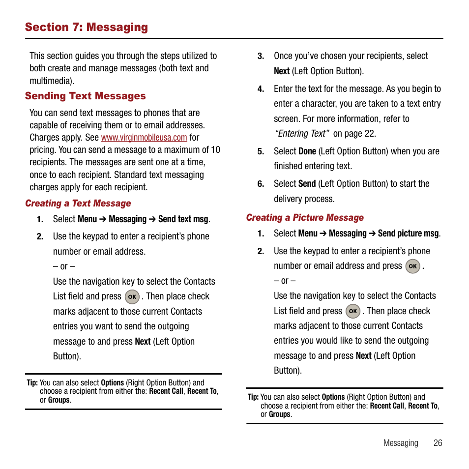 Section 7: messaging, Sending text messages, Creating a text message | Creating a picture message | Samsung SPH-M310ZKAVMU User Manual | Page 29 / 94