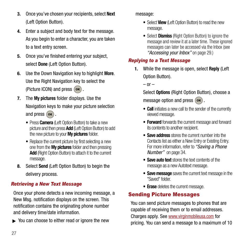 Retrieving a new text message, Replying to a text message, Sending picture messages | Samsung SPH-M310ZKAVMU User Manual | Page 30 / 94