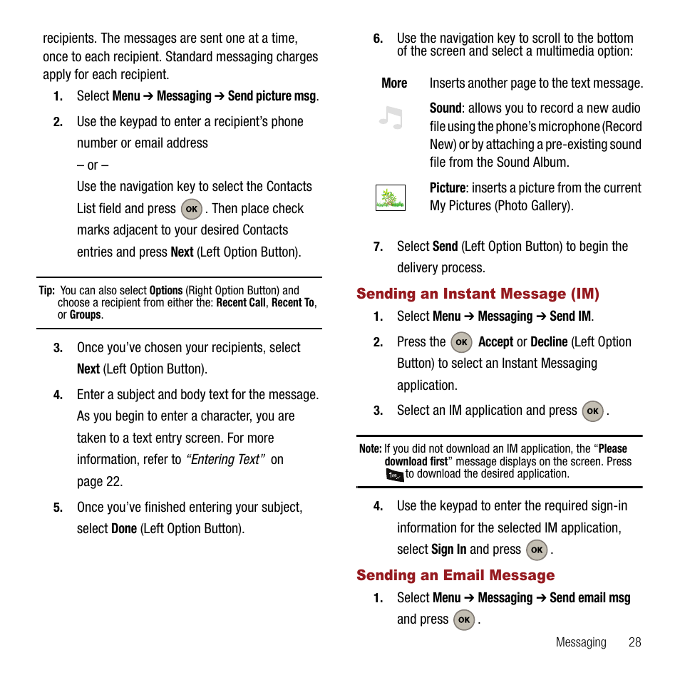 Sending an instant message (im), Sending an email message | Samsung SPH-M310ZKAVMU User Manual | Page 31 / 94