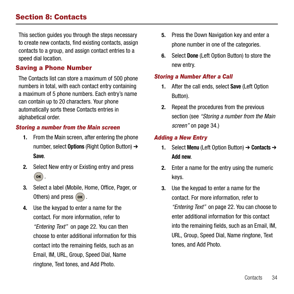 Section 8: contacts, Saving a phone number, Storing a number from the main screen | Storing a number after a call, Adding a new entry | Samsung SPH-M310ZKAVMU User Manual | Page 37 / 94