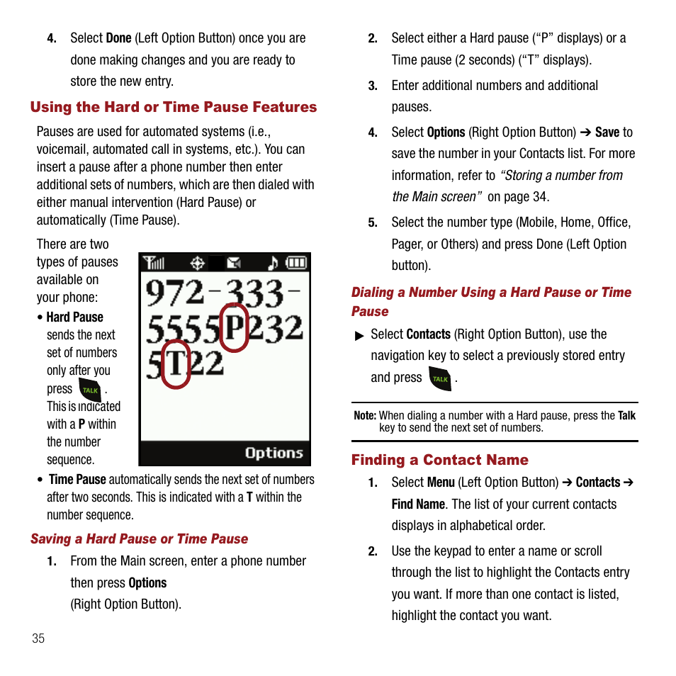 Using the hard or time pause features, Saving a hard pause or time pause, Dialing a number using a hard pause or time pause | Finding a contact name | Samsung SPH-M310ZKAVMU User Manual | Page 38 / 94