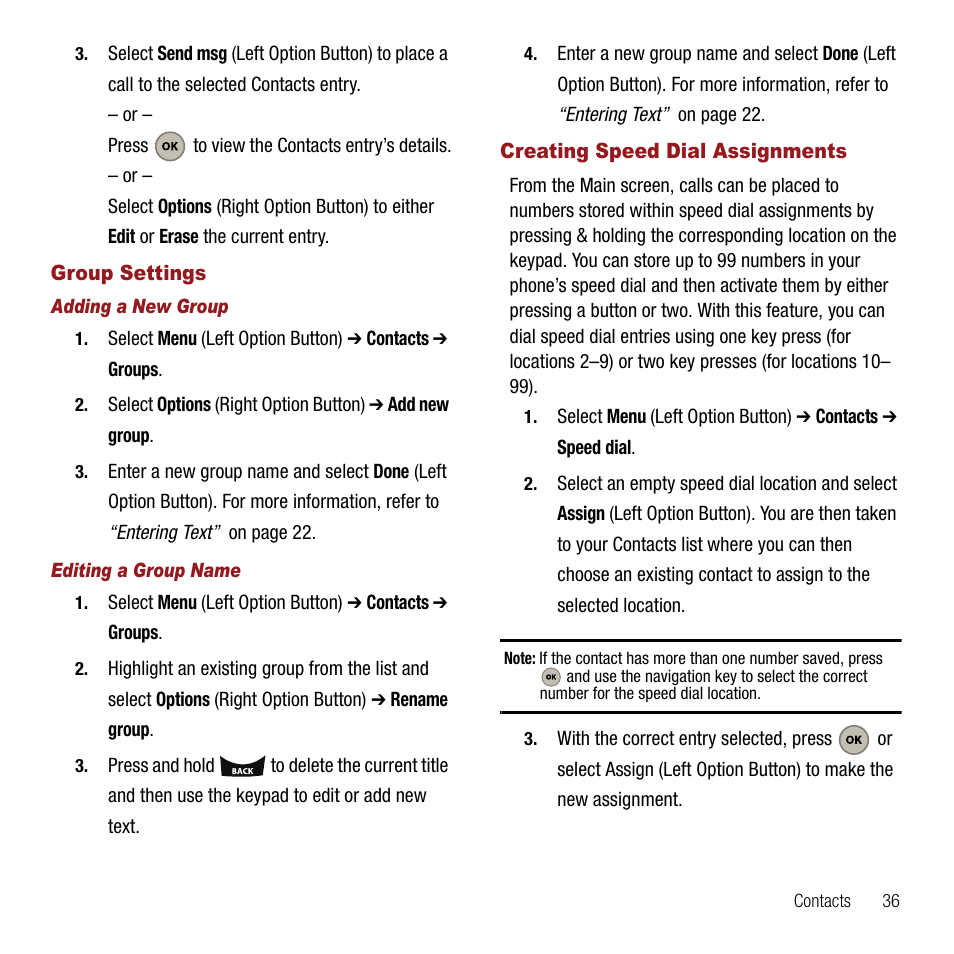 Group settings, Adding a new group, Editing a group name | Creating speed dial assignments | Samsung SPH-M310ZKAVMU User Manual | Page 39 / 94