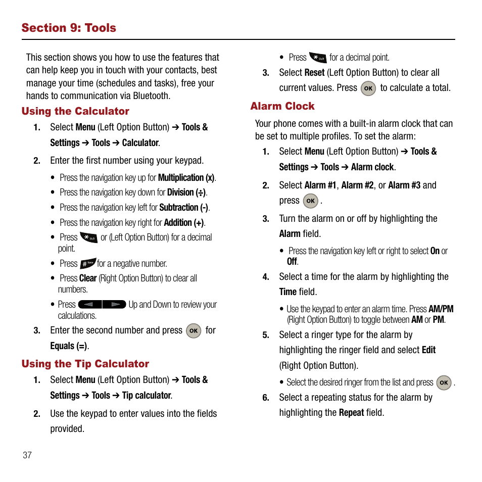 Section 9: tools, Using the calculator, Using the tip calculator | Alarm clock | Samsung SPH-M310ZKAVMU User Manual | Page 40 / 94