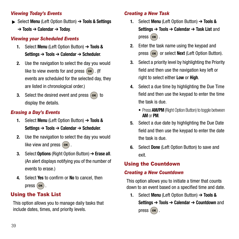 Viewing today’s events, Viewing your scheduled events, Erasing a day’s events | Using the task list, Creating a new task, Using the countdown, Creating a new countdown, Using the task list using the countdown | Samsung SPH-M310ZKAVMU User Manual | Page 42 / 94