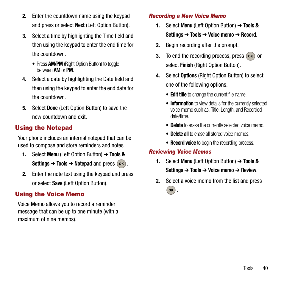 Using the notepad, Using the voice memo, Recording a new voice memo | Reviewing voice memos, Using the notepad using the voice memo | Samsung SPH-M310ZKAVMU User Manual | Page 43 / 94