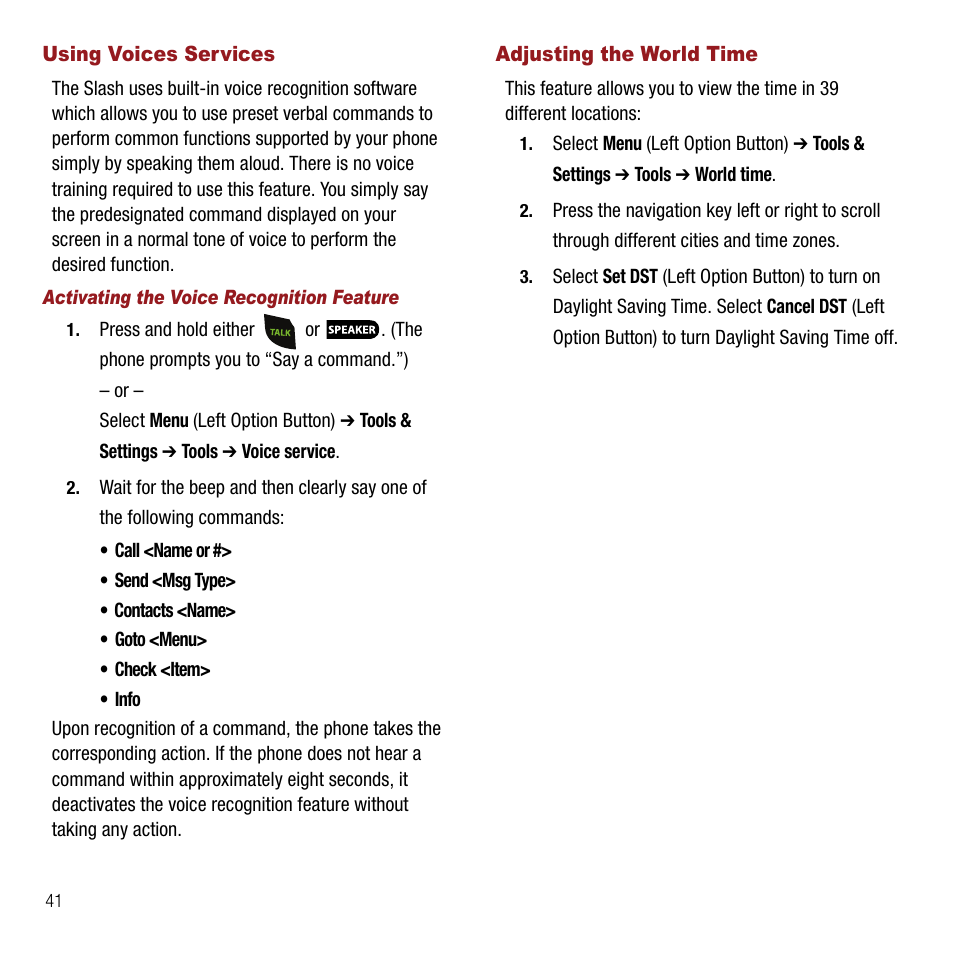 Using voices services, Activating the voice recognition feature, Adjusting the world time | Using voices services adjusting the world time | Samsung SPH-M310ZKAVMU User Manual | Page 44 / 94