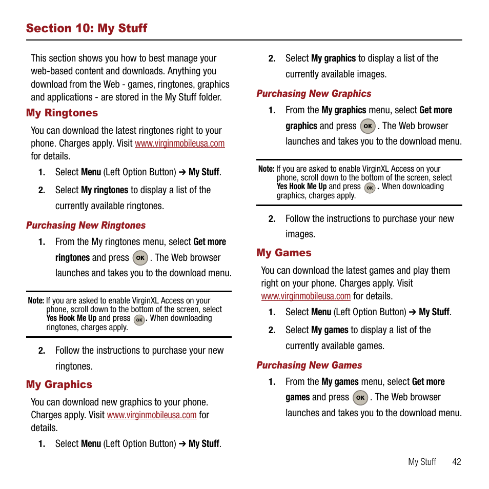 Section 10: my stuff, My ringtones, Purchasing new ringtones | My graphics, Purchasing new graphics, My games, Purchasing new games, My ringtones my graphics my games | Samsung SPH-M310ZKAVMU User Manual | Page 45 / 94