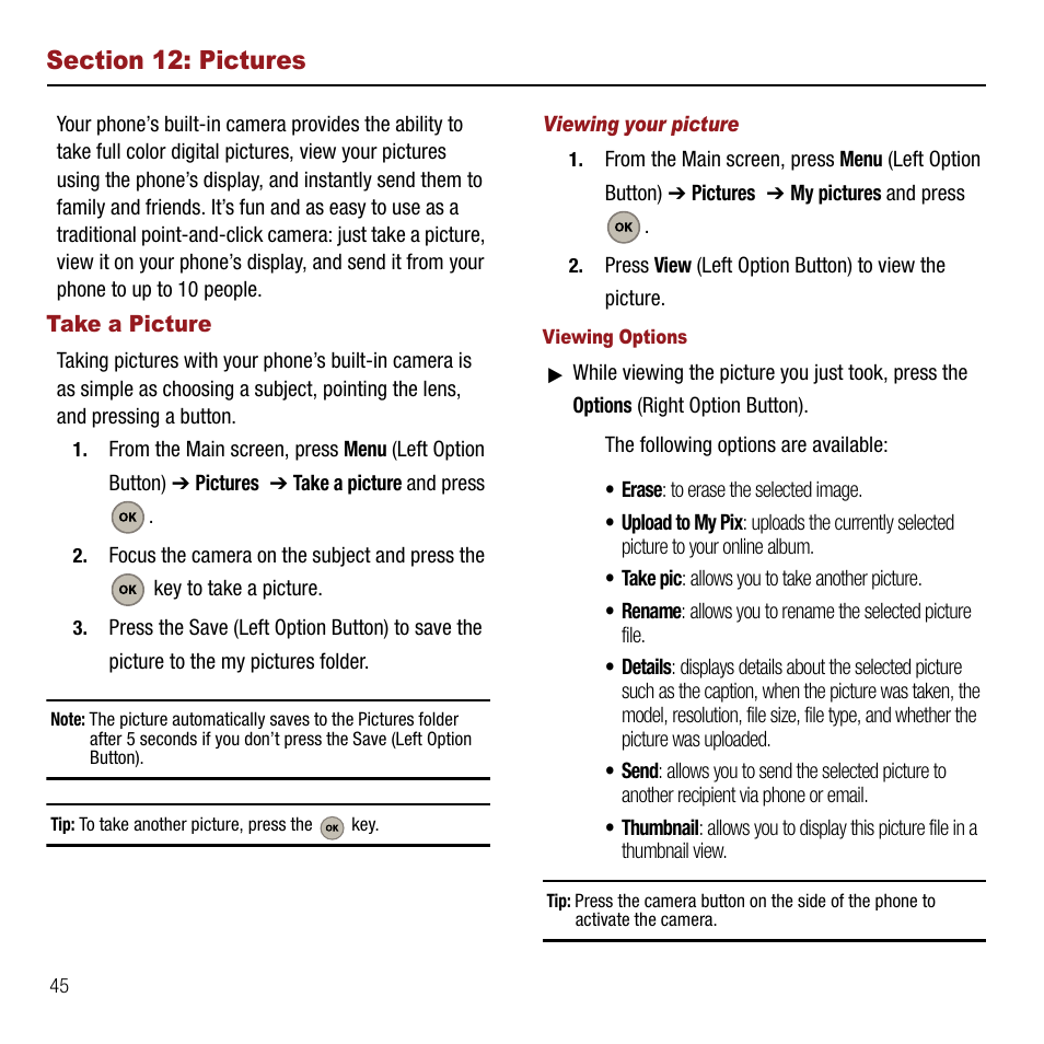 Section 12: pictures, Take a picture, Viewing your picture | Samsung SPH-M310ZKAVMU User Manual | Page 48 / 94