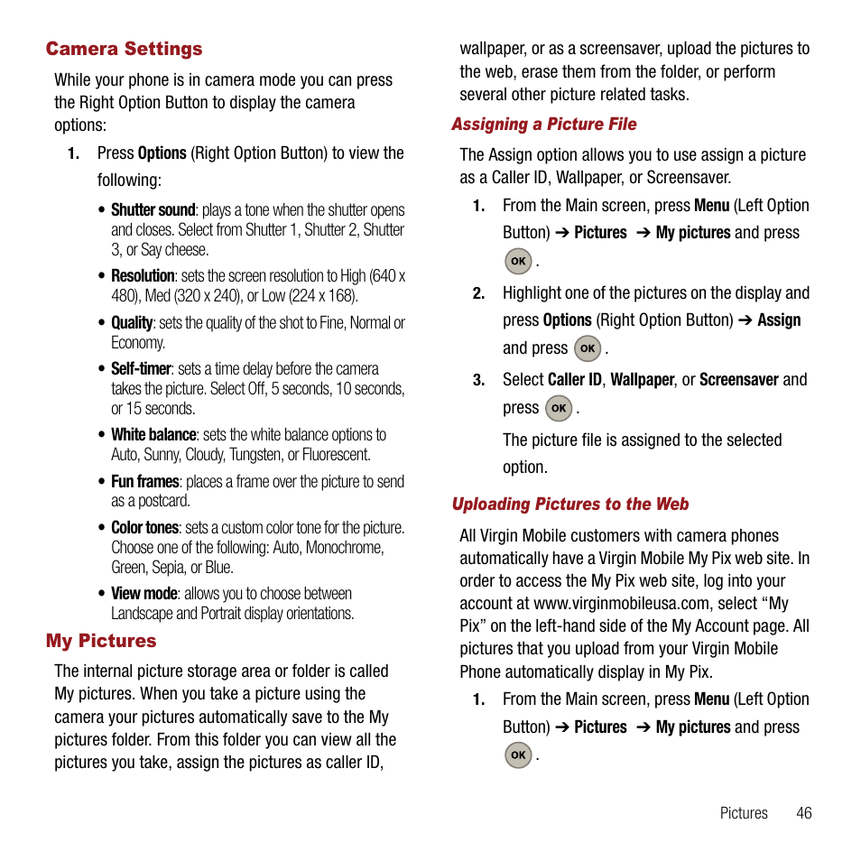 Camera settings, My pictures, Assigning a picture file | Uploading pictures to the web, Camera settings my pictures | Samsung SPH-M310ZKAVMU User Manual | Page 49 / 94