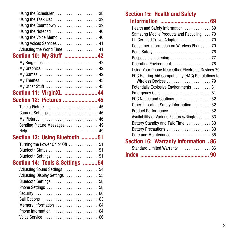Section 10: my stuff 42, Section 11: virginxl 44, Section 12: pictures 45 | Section 13: using bluetooth 51, Section 14: tools & settings 54, Section 15: health and safety information 69, Section 16: warranty information 86 | Samsung SPH-M310ZKAVMU User Manual | Page 5 / 94