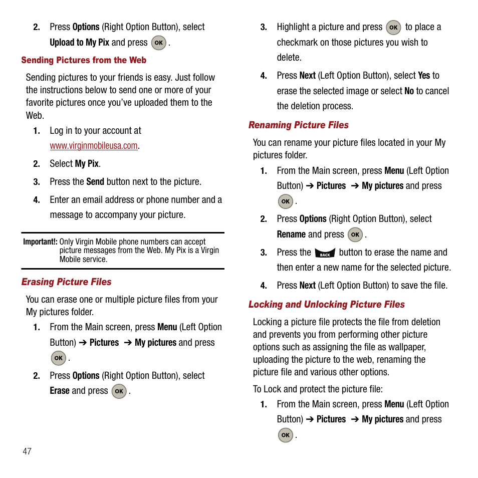 Erasing picture files, Renaming picture files, Locking and unlocking picture files | Samsung SPH-M310ZKAVMU User Manual | Page 50 / 94