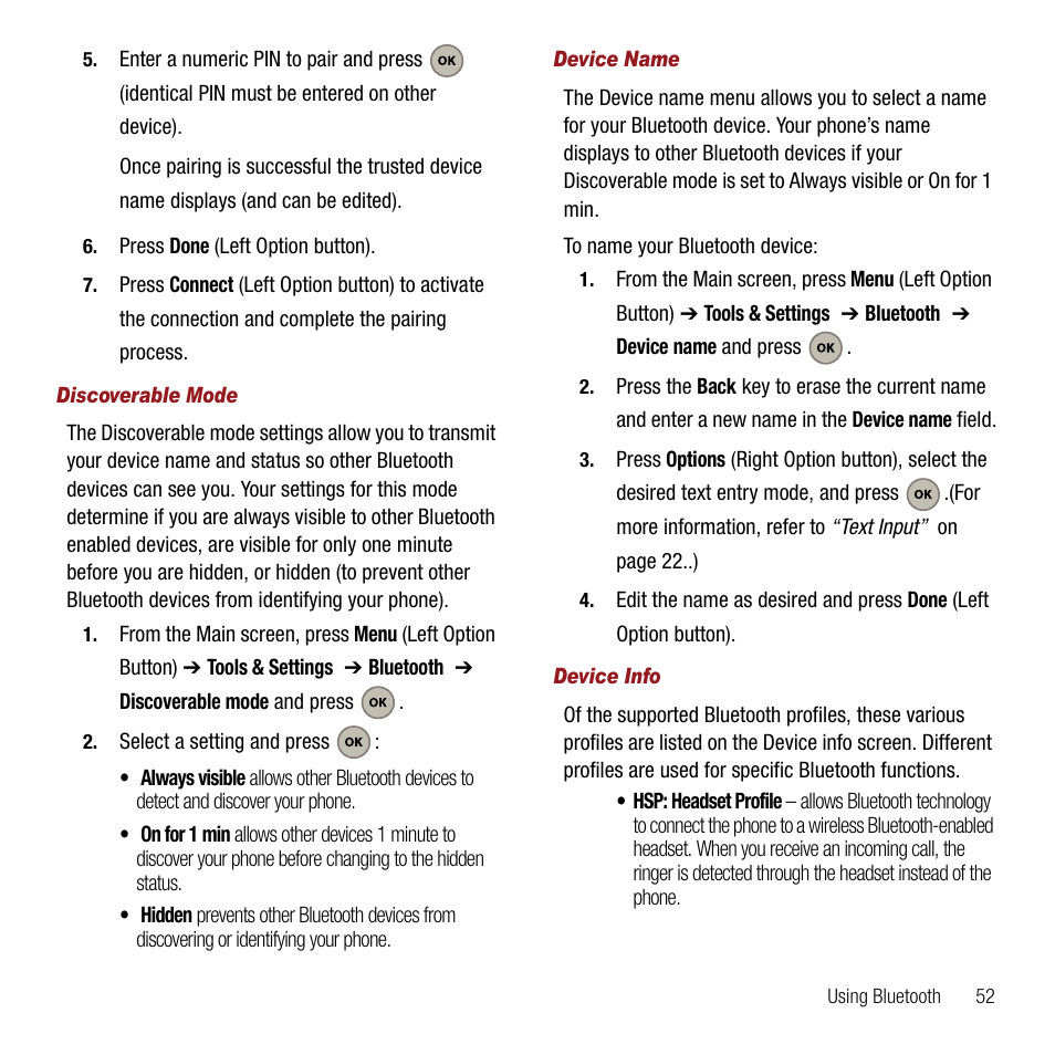 Discoverable mode, Device name, Device info | Samsung SPH-M310ZKAVMU User Manual | Page 55 / 94