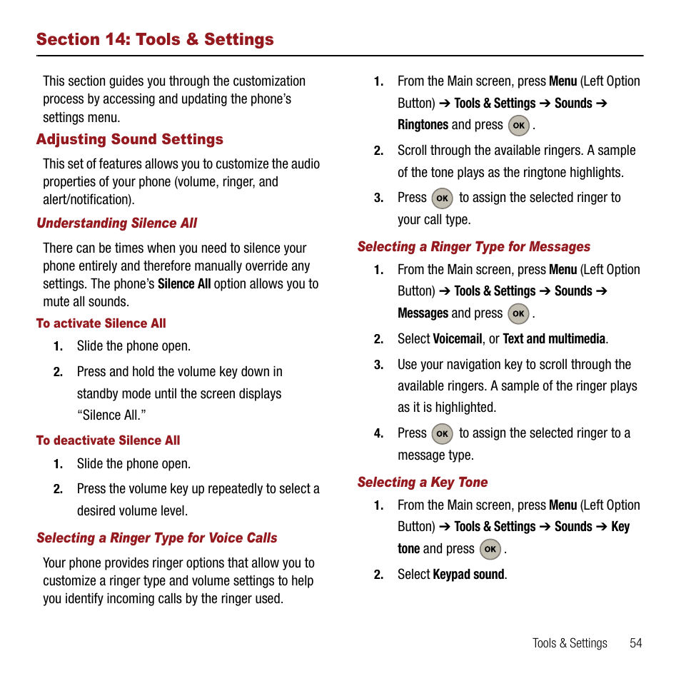 Section 14: tools & settings, Adjusting sound settings, Understanding silence all | Selecting a ringer type for voice calls, Selecting a ringer type for messages, Selecting a key tone | Samsung SPH-M310ZKAVMU User Manual | Page 57 / 94