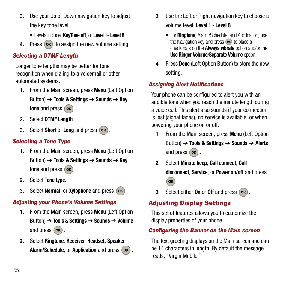 Selecting a dtmf length, Selecting a tone type, Adjusting your phone’s volume settings | Assigning alert notifications, Adjusting display settings, Configuring the banner on the main screen | Samsung SPH-M310ZKAVMU User Manual | Page 58 / 94
