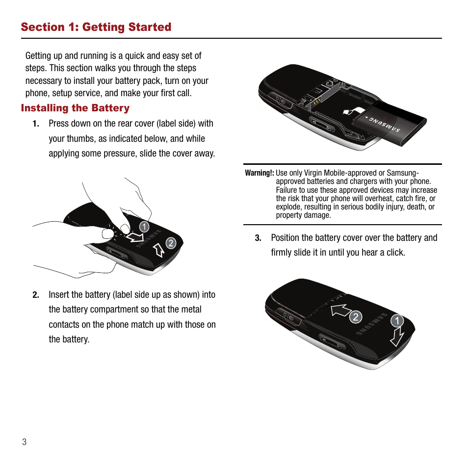 Section 1: getting started, Installing the battery | Samsung SPH-M310ZKAVMU User Manual | Page 6 / 94