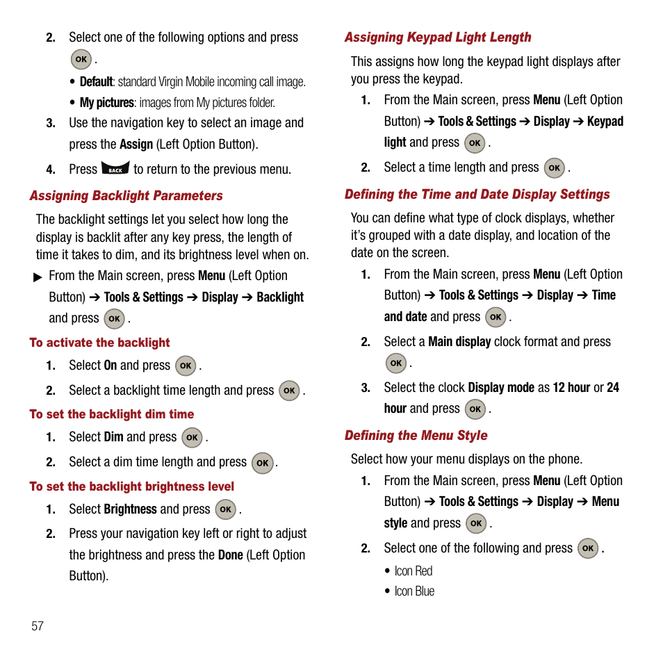 Assigning backlight parameters, Assigning keypad light length, Defining the time and date display settings | Defining the menu style | Samsung SPH-M310ZKAVMU User Manual | Page 60 / 94