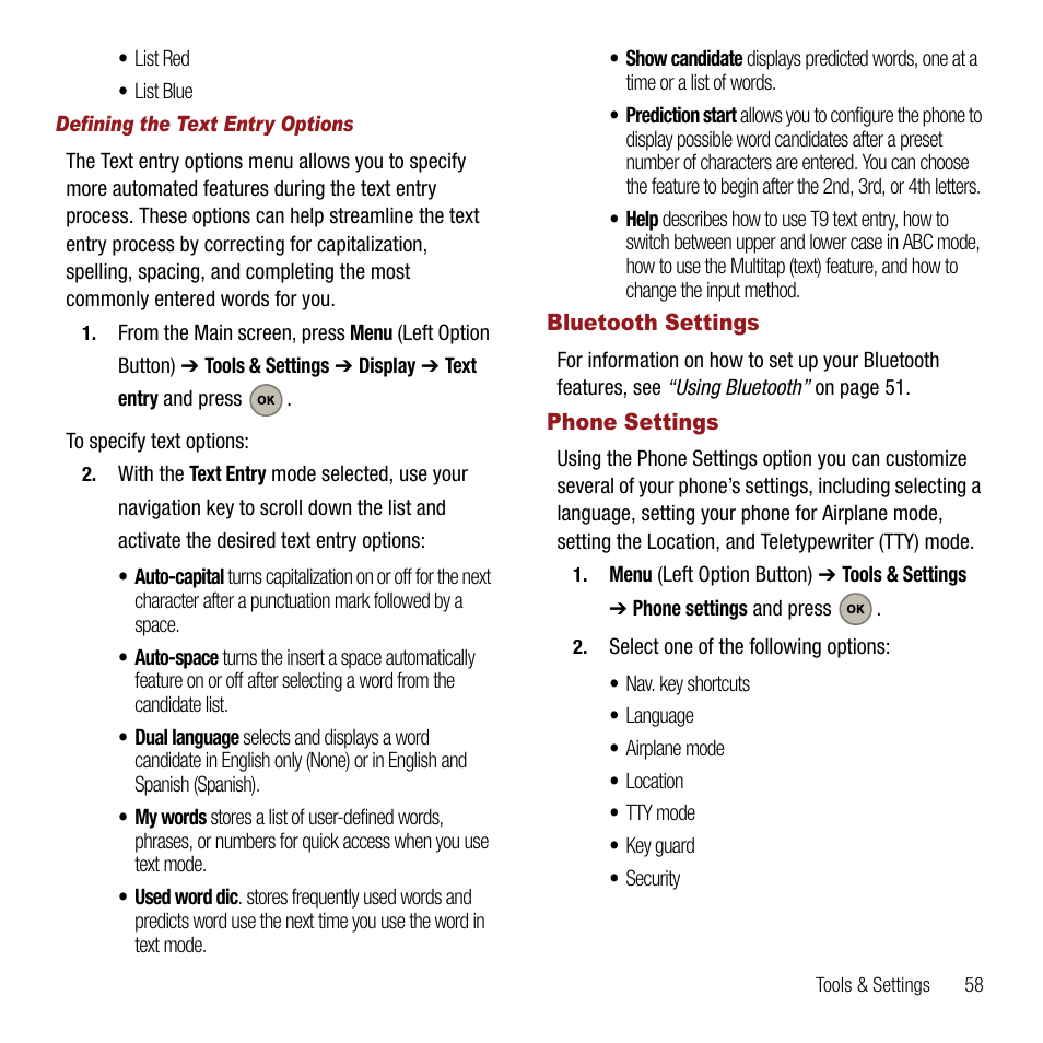 Defining the text entry options, Bluetooth settings, Phone settings | Bluetooth settings phone settings | Samsung SPH-M310ZKAVMU User Manual | Page 61 / 94