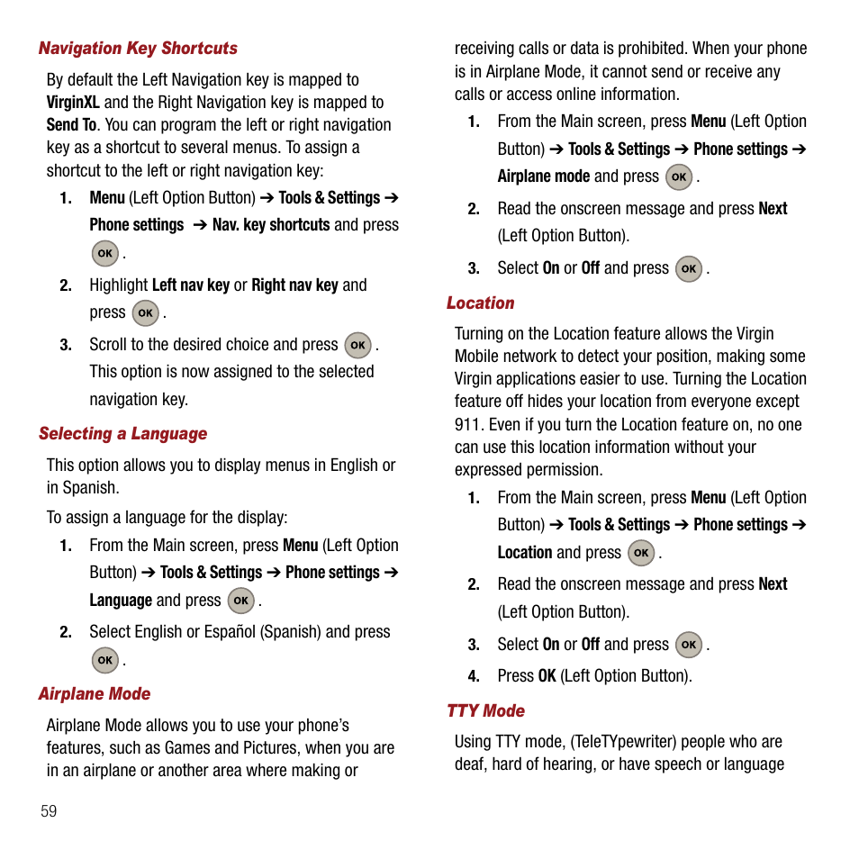 Navigation key shortcuts, Selecting a language, Airplane mode | Location, Tty mode | Samsung SPH-M310ZKAVMU User Manual | Page 62 / 94