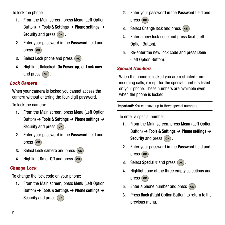 Lock camera, Change lock, Special numbers | Samsung SPH-M310ZKAVMU User Manual | Page 64 / 94