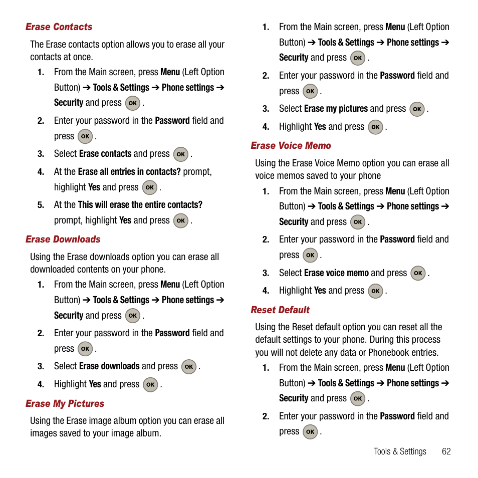 Erase contacts, Erase downloads, Erase my pictures | Erase voice memo, Reset default | Samsung SPH-M310ZKAVMU User Manual | Page 65 / 94