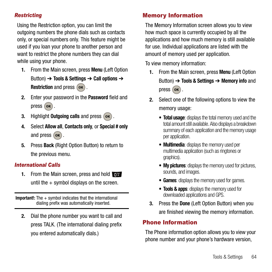 Restricting, International calls, Memory information | Phone information, Memory information phone information | Samsung SPH-M310ZKAVMU User Manual | Page 67 / 94