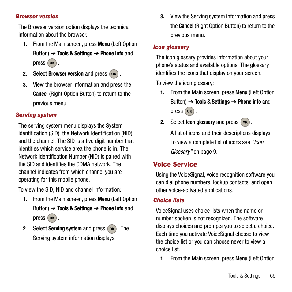 Browser version, Serving system, Icon glossary | Voice service, Choice lists | Samsung SPH-M310ZKAVMU User Manual | Page 69 / 94