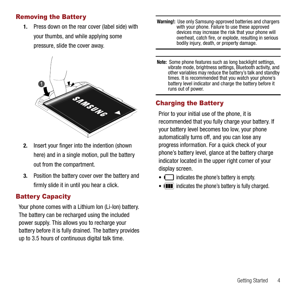 Removing the battery, Battery capacity, Charging the battery | Samsung SPH-M310ZKAVMU User Manual | Page 7 / 94