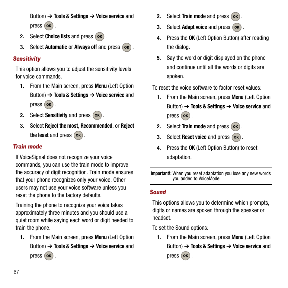 Sensitivity, Train mode, Sound | Samsung SPH-M310ZKAVMU User Manual | Page 70 / 94