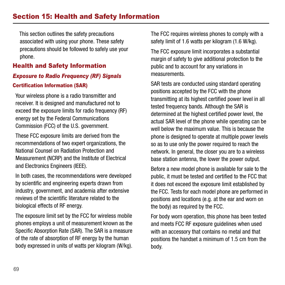 Section 15: health and safety information, Health and safety information, Exposure to radio frequency (rf) signals | Section 15: health and safety, Information | Samsung SPH-M310ZKAVMU User Manual | Page 72 / 94