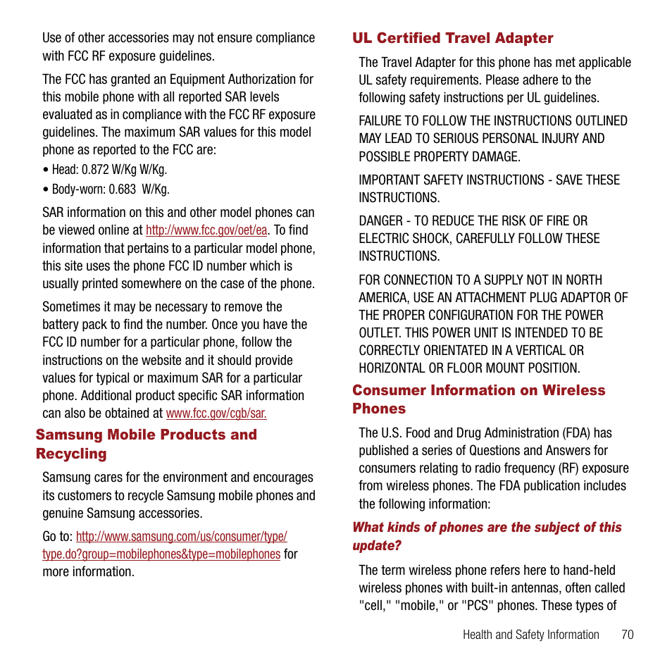 Samsung mobile products and recycling, Ul certified travel adapter, Consumer information on wireless phones | Samsung SPH-M310ZKAVMU User Manual | Page 73 / 94