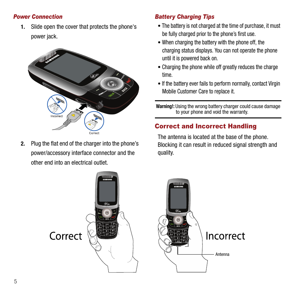 Power connection, Battery charging tips, Correct and incorrect handling | Samsung SPH-M310ZKAVMU User Manual | Page 8 / 94