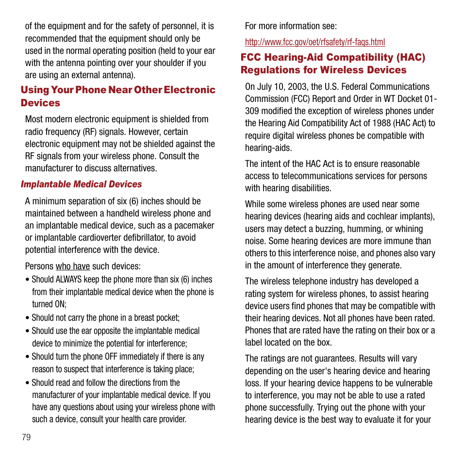 Using your phone near other electronic devices, Implantable medical devices, Wireless devices | Samsung SPH-M310ZKAVMU User Manual | Page 82 / 94