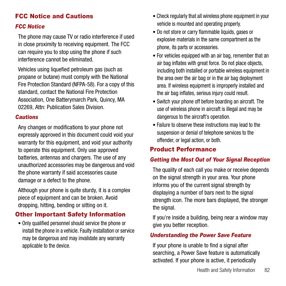 Fcc notice and cautions, Fcc notice, Cautions | Other important safety information, Product performance, Getting the most out of your signal reception, Understanding the power save feature | Samsung SPH-M310ZKAVMU User Manual | Page 85 / 94