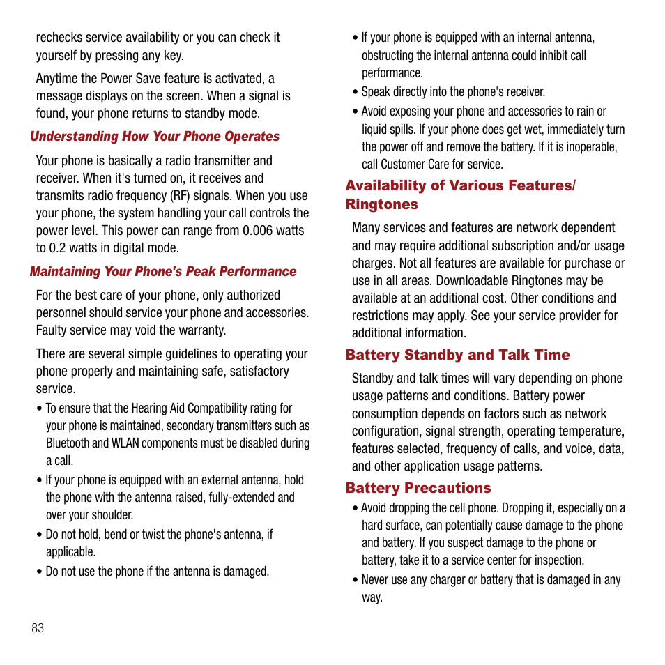 Understanding how your phone operates, Maintaining your phone's peak performance, Availability of various features/ ringtones | Battery standby and talk time, Battery precautions | Samsung SPH-M310ZKAVMU User Manual | Page 86 / 94