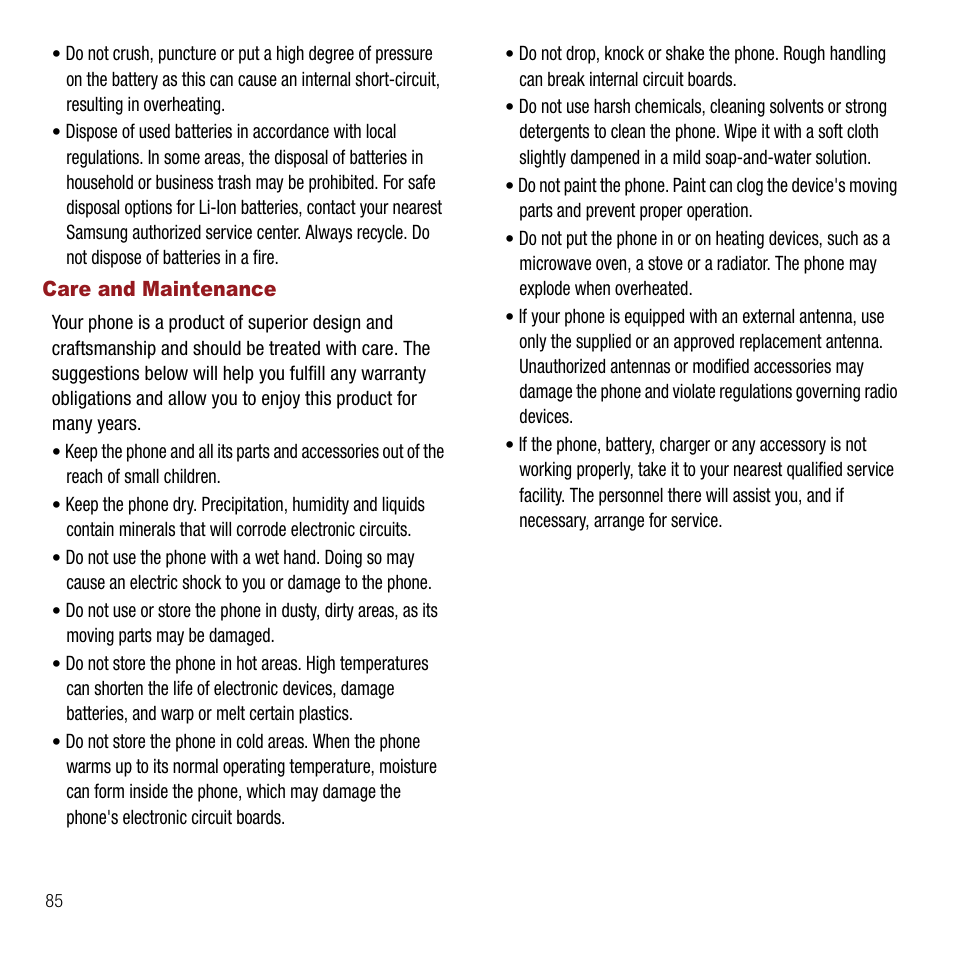 Care and maintenance | Samsung SPH-M310ZKAVMU User Manual | Page 88 / 94