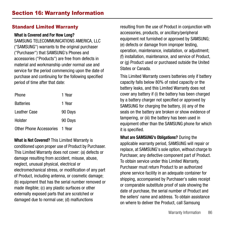 Section 16: warranty information, Standard limited warranty, Section 16: warranty information . 86 | Samsung SPH-M310ZKAVMU User Manual | Page 89 / 94