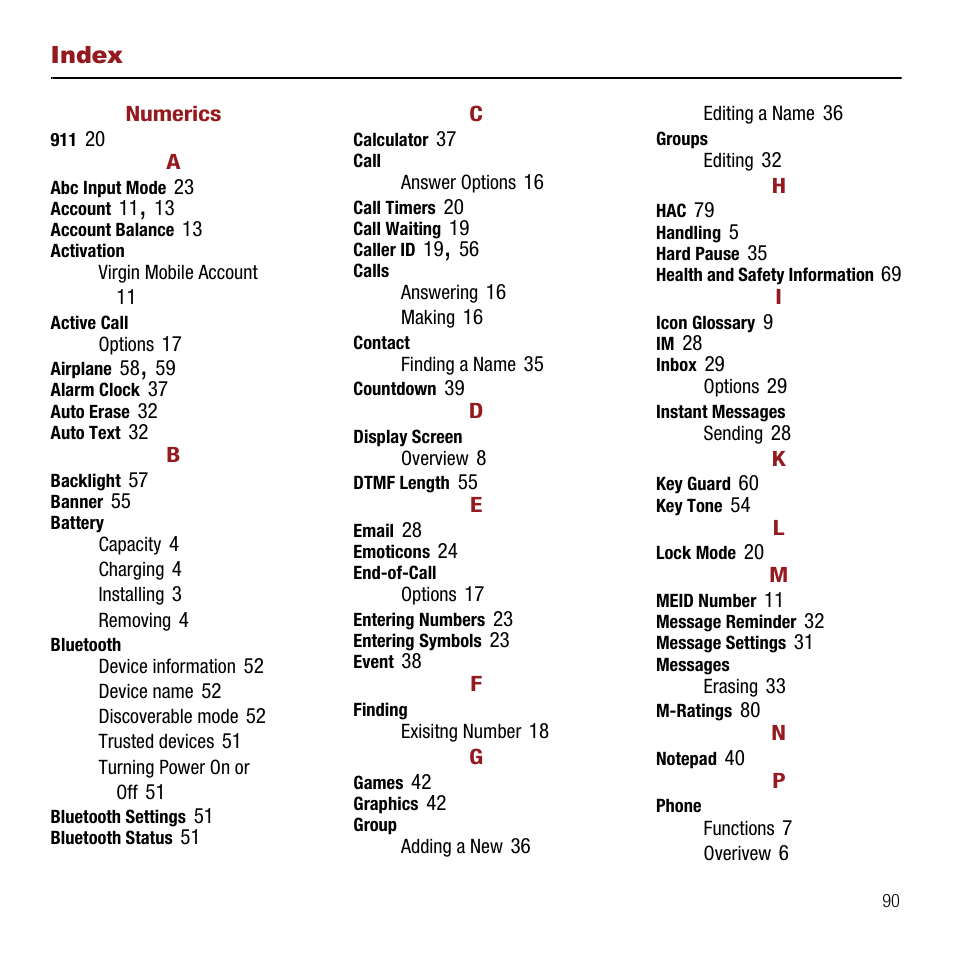 Index, Numerics | Samsung SPH-M310ZKAVMU User Manual | Page 93 / 94