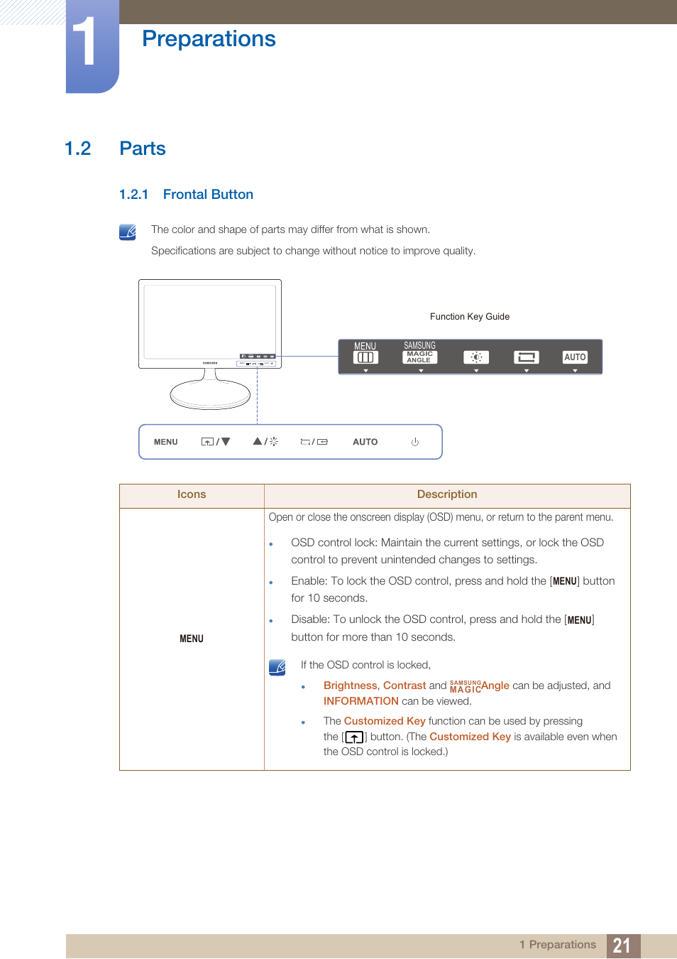2 parts, 1 frontal button, Parts | Frontal button, Preparations | Samsung LS27B350HSZ-ZA User Manual | Page 21 / 94