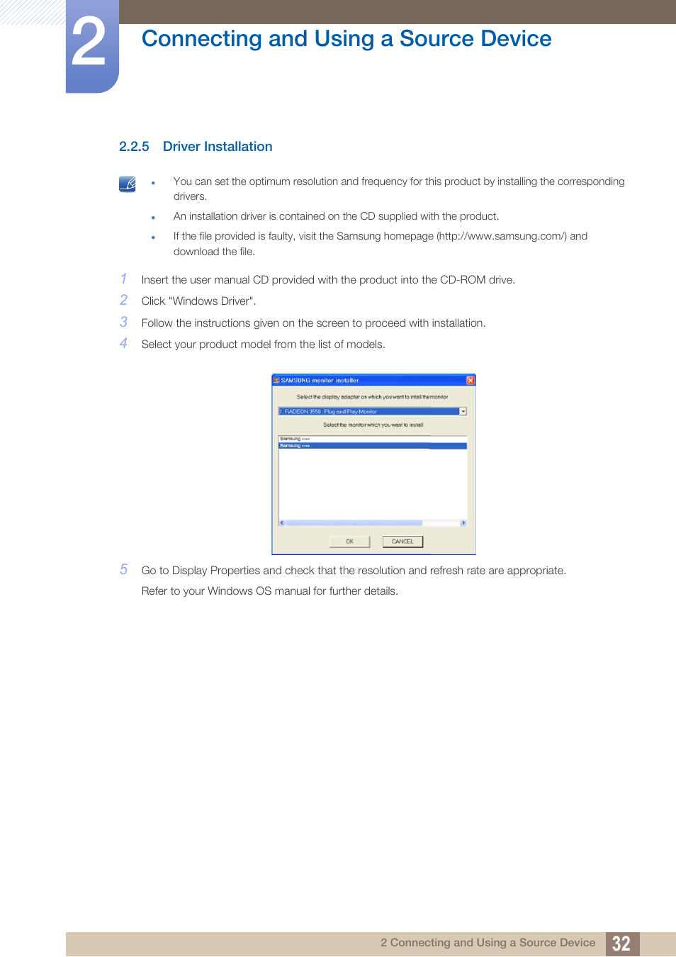 5 driver installation, Driver installation, Connecting and using a source device | Samsung LS27B350HSZ-ZA User Manual | Page 32 / 94