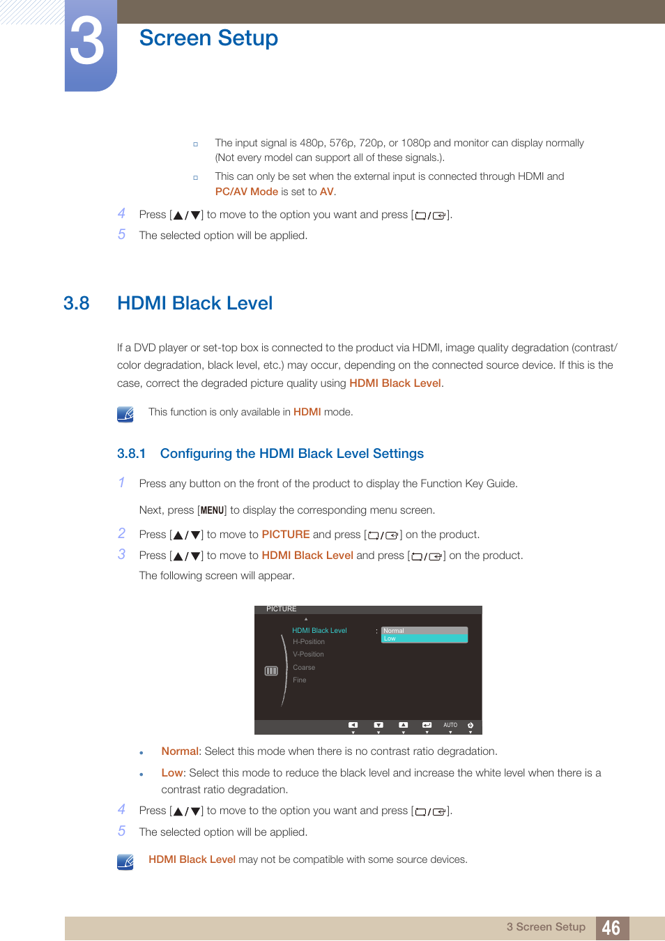 8 hdmi black level, 1 configuring the hdmi black level settings, Hdmi black level | Configuring the hdmi black level settings, Screen setup | Samsung LS27B350HSZ-ZA User Manual | Page 46 / 94