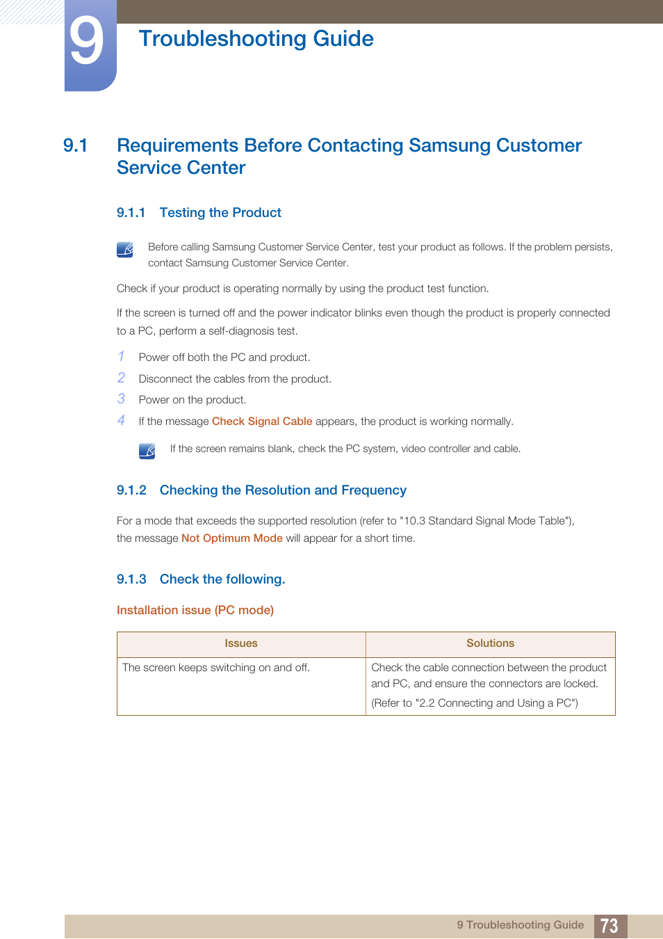 Troubleshooting guide, 1 testing the product, 2 checking the resolution and frequency | 3 check the following, Troubleshooting, Guide, Testing the product, Checking the resolution and frequency, Check the following | Samsung LS27B350HSZ-ZA User Manual | Page 73 / 94