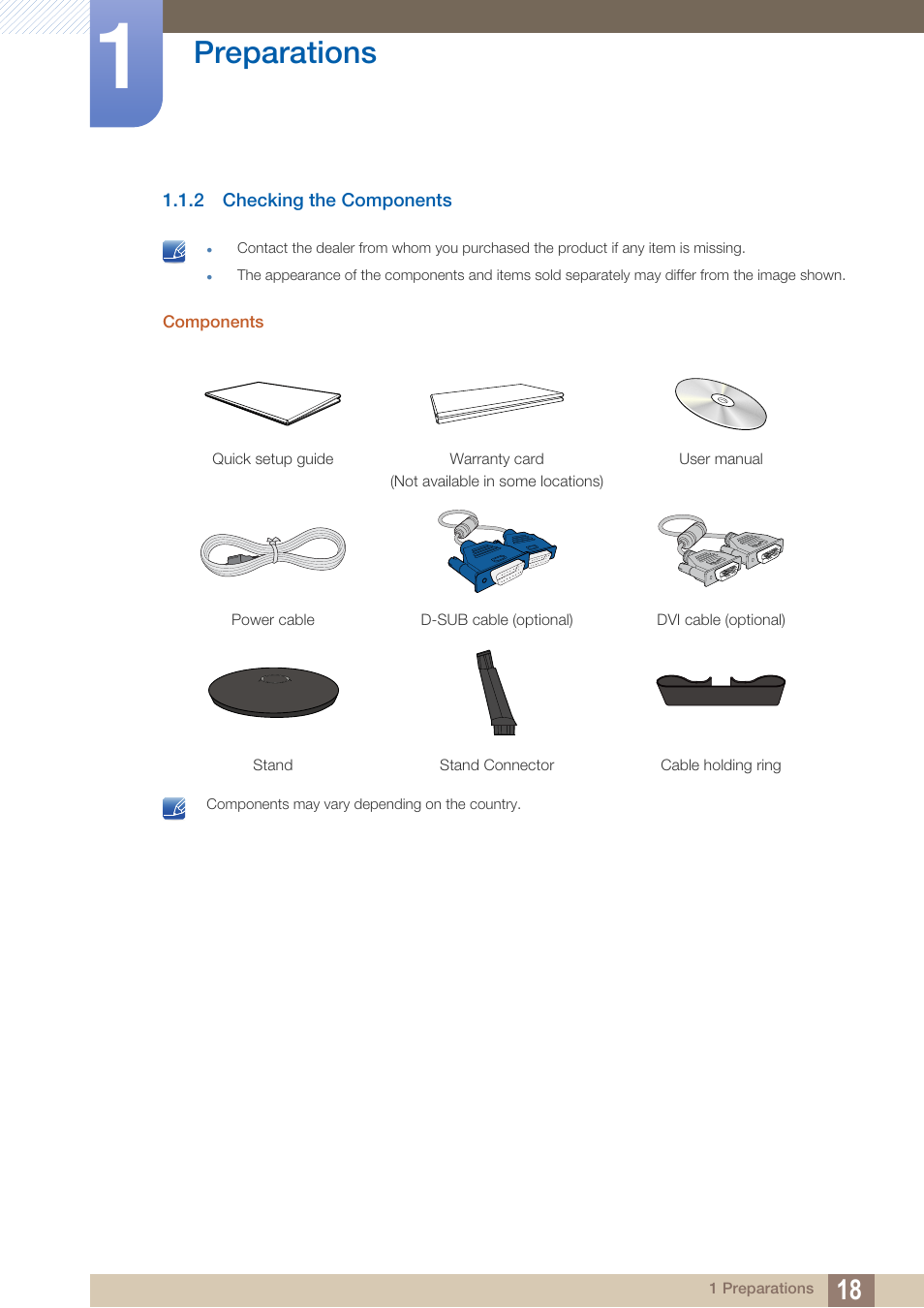 2 checking the components, Checking the components, Preparations | Samsung LS19B220NW-ZA User Manual | Page 18 / 93