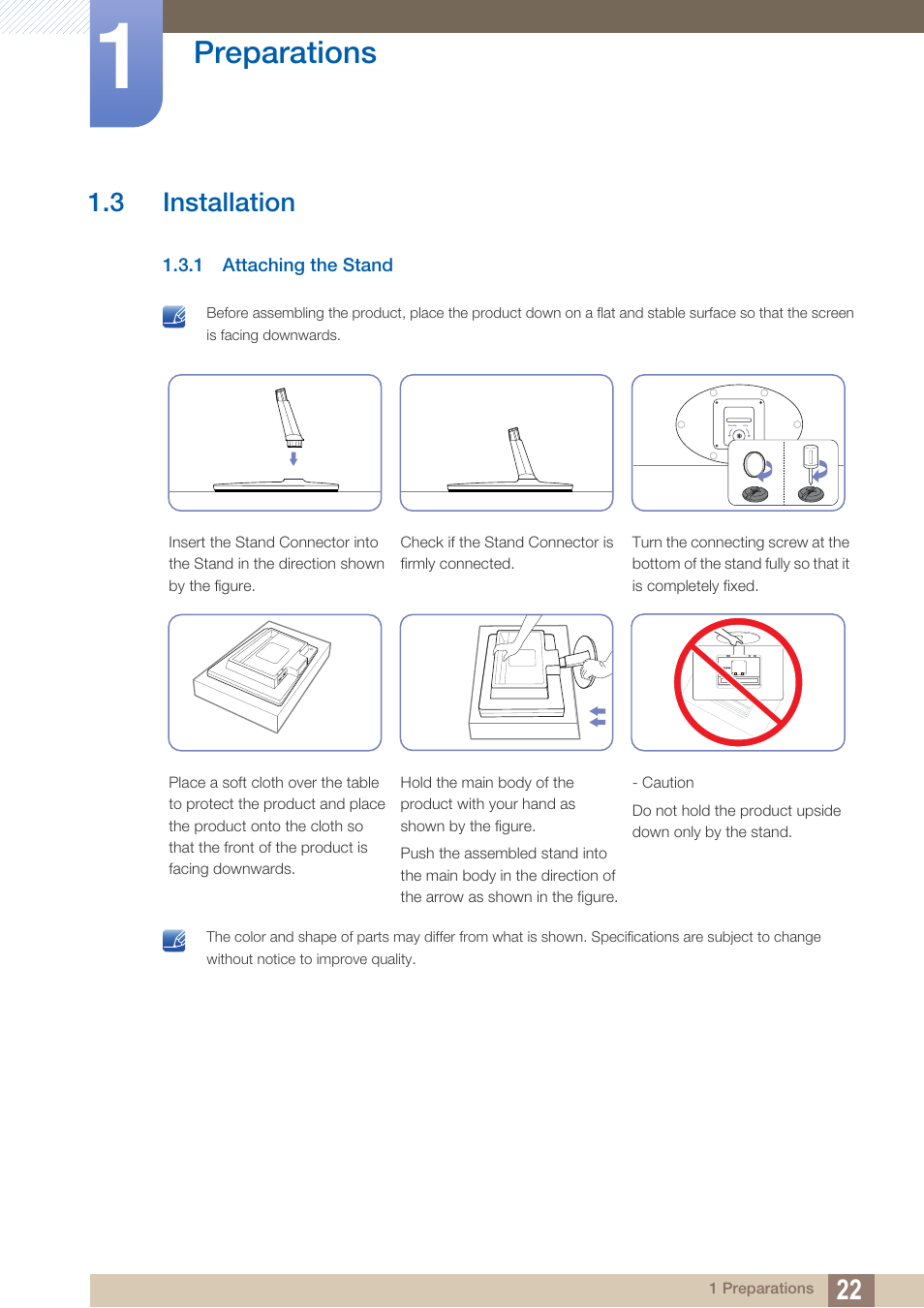 3 installation, 1 attaching the stand, Installation | Attaching the stand, Preparations | Samsung LS19B220NW-ZA User Manual | Page 22 / 93
