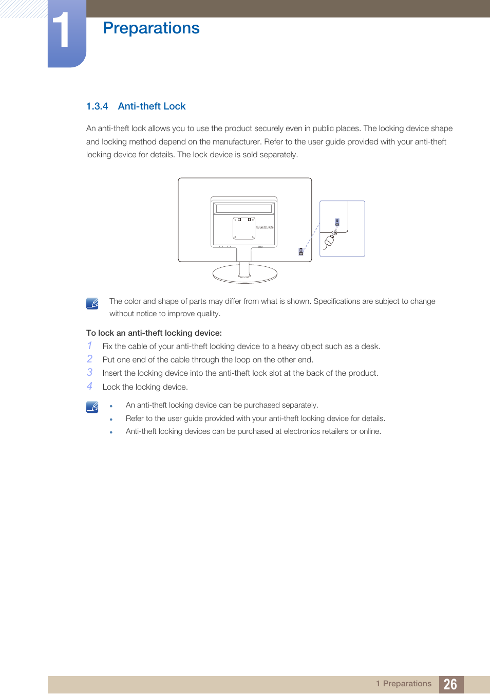 4 anti-theft lock, Anti-theft lock, Preparations | Samsung LS19B220NW-ZA User Manual | Page 26 / 93