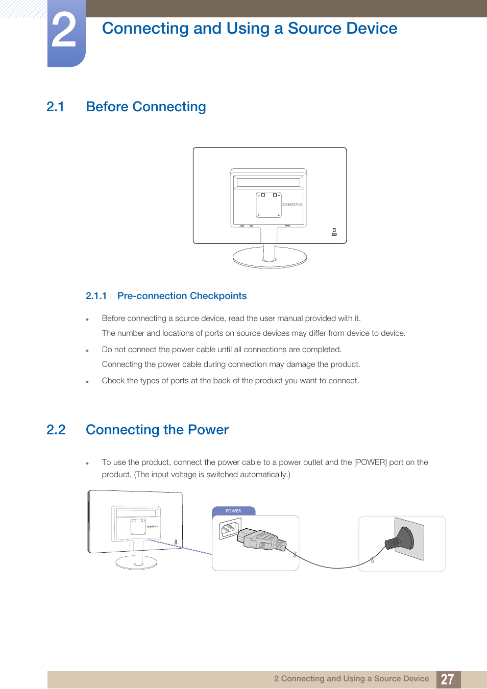 Connecting and using a source device, 1 before connecting, 1 pre-connection checkpoints | 2 connecting the power, Connecting and using, A source device, Before connecting, Pre-connection checkpoints, Connecting the power | Samsung LS19B220NW-ZA User Manual | Page 27 / 93