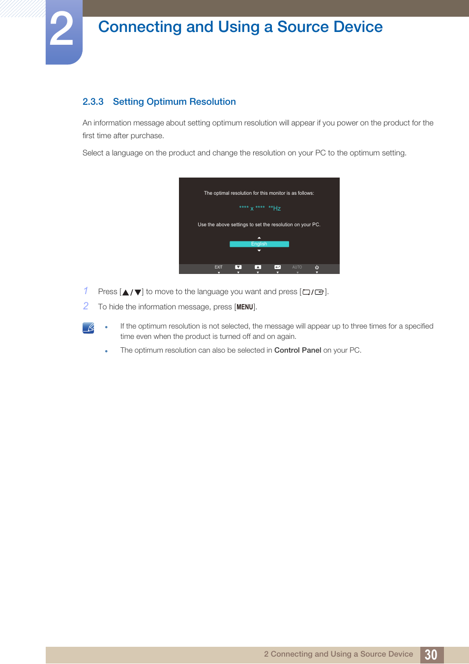 3 setting optimum resolution, Setting optimum resolution, Connecting and using a source device | Samsung LS19B220NW-ZA User Manual | Page 30 / 93