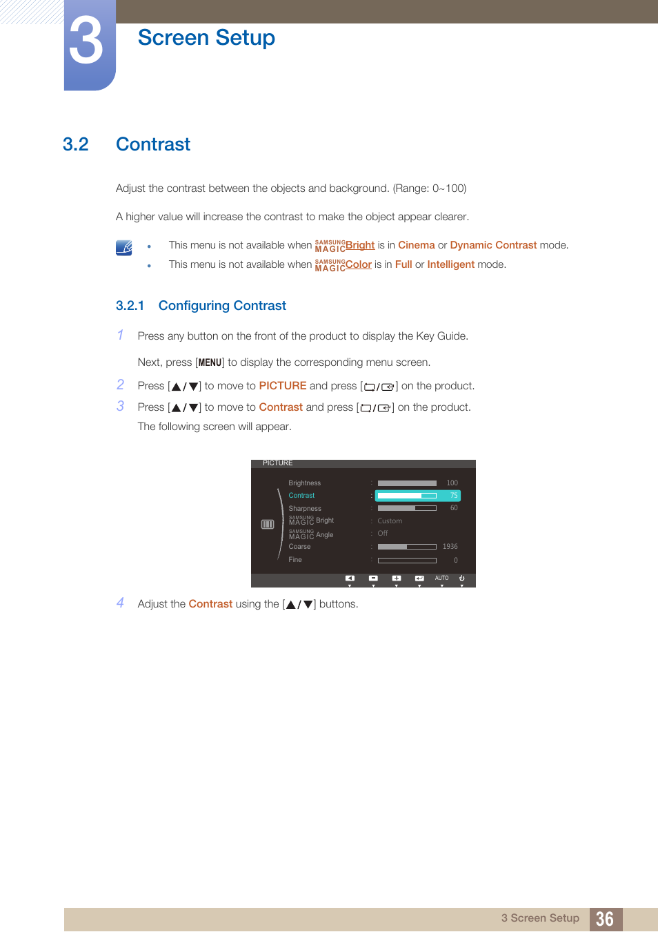 2 contrast, 1 configuring contrast, Contrast | Configuring contrast, Can be adjusted, and, Screen setup | Samsung LS19B220NW-ZA User Manual | Page 36 / 93